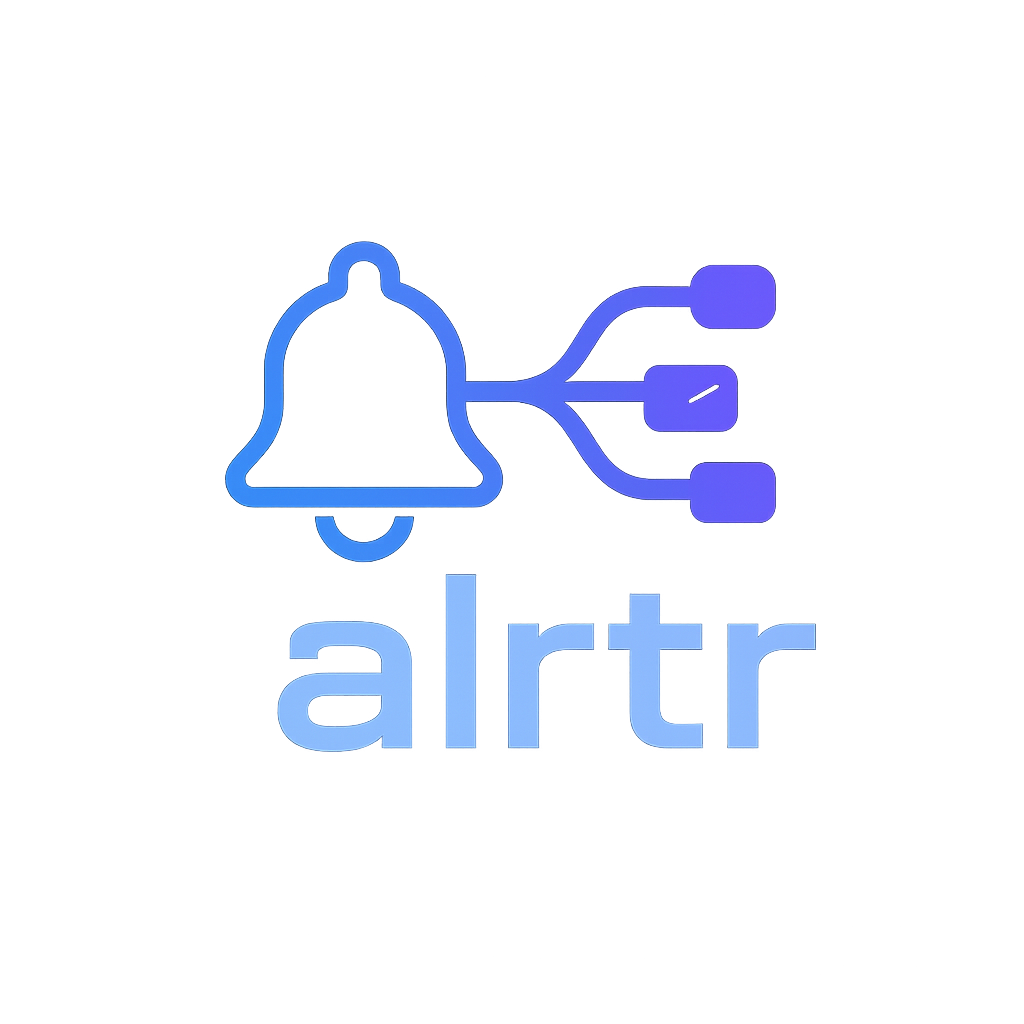 alrtr logo - A modern notification bell icon with interconnected channels representing multi-platform alerts, featuring a clean tech aesthetic with blue and purple gradients